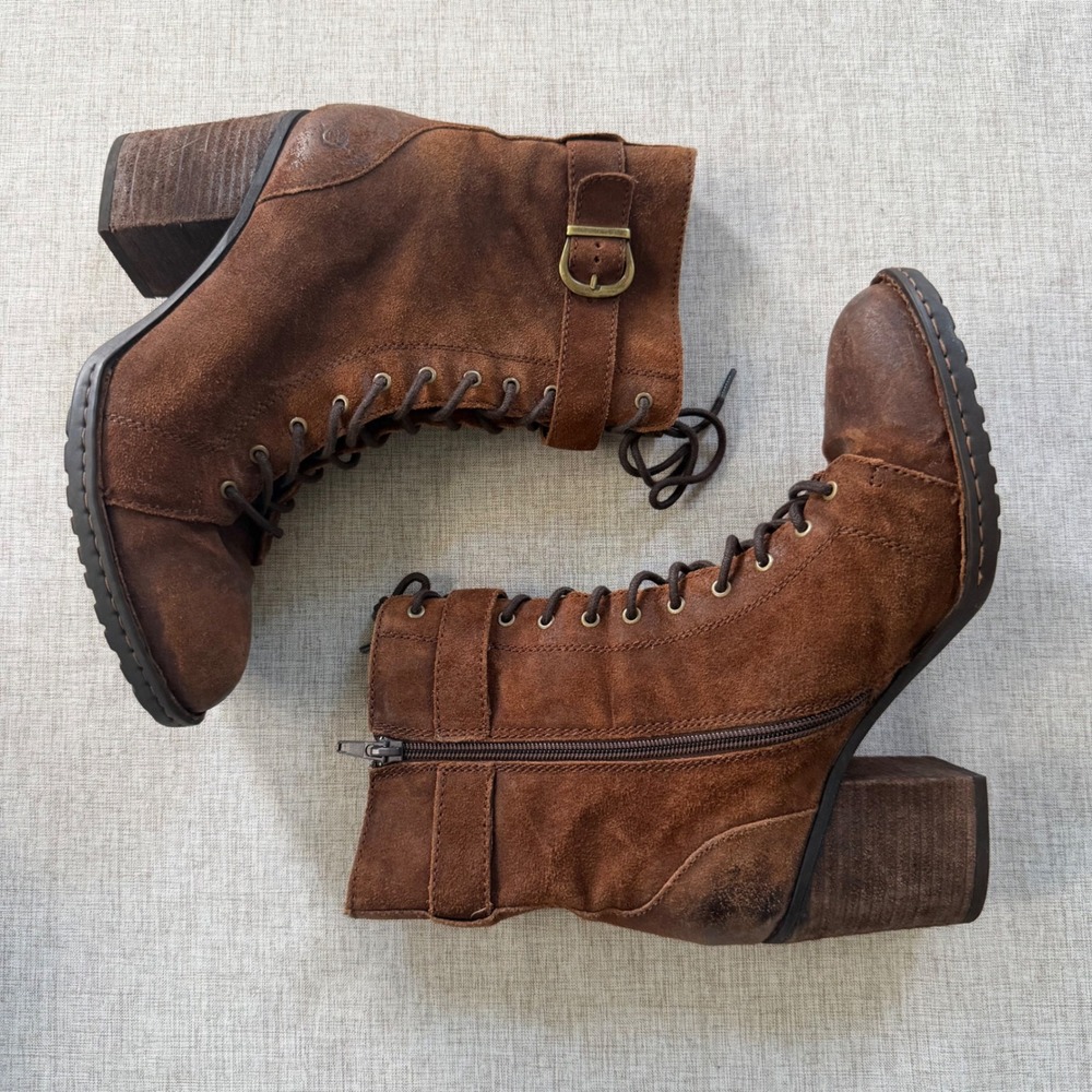 Born Cass Boots Women's 10 Brown Suede Lace Up Block Heel Side Zip Buckle Strap